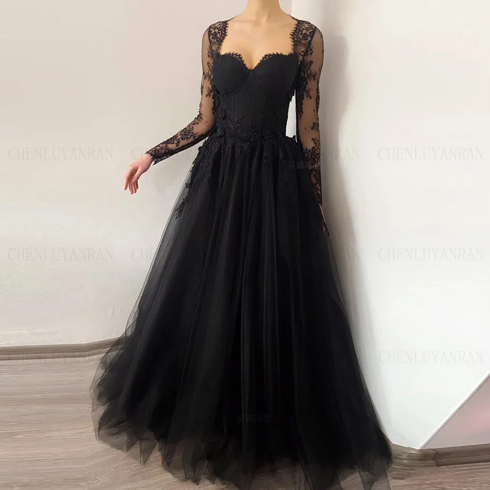 

Lace Sleeves Formal Occasion Dresses 2024 Black Sweetheart Long Party Dress Tulle Elegant Evening Gowns فساتين مناسبة رسمية