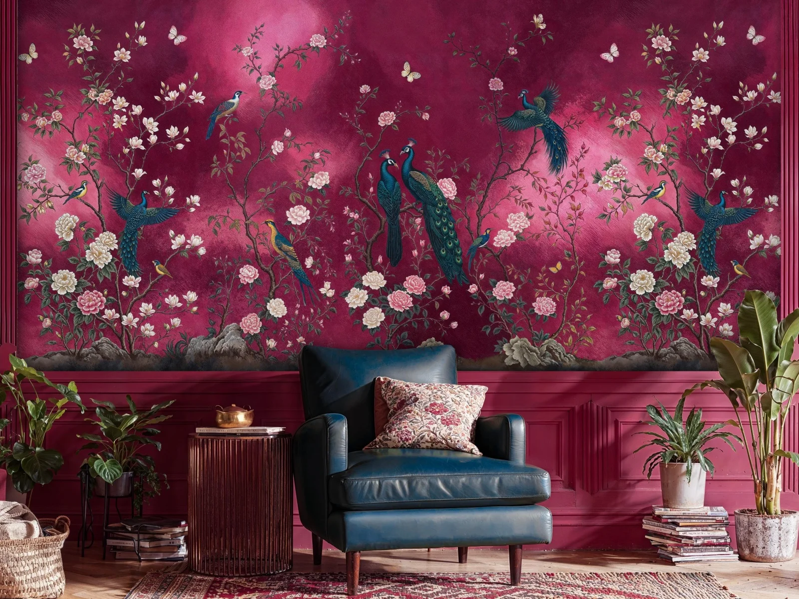 Customized mural pink burgundy peacock wallpaper home decoration flower and bird branch mural living room bedroom wall painting