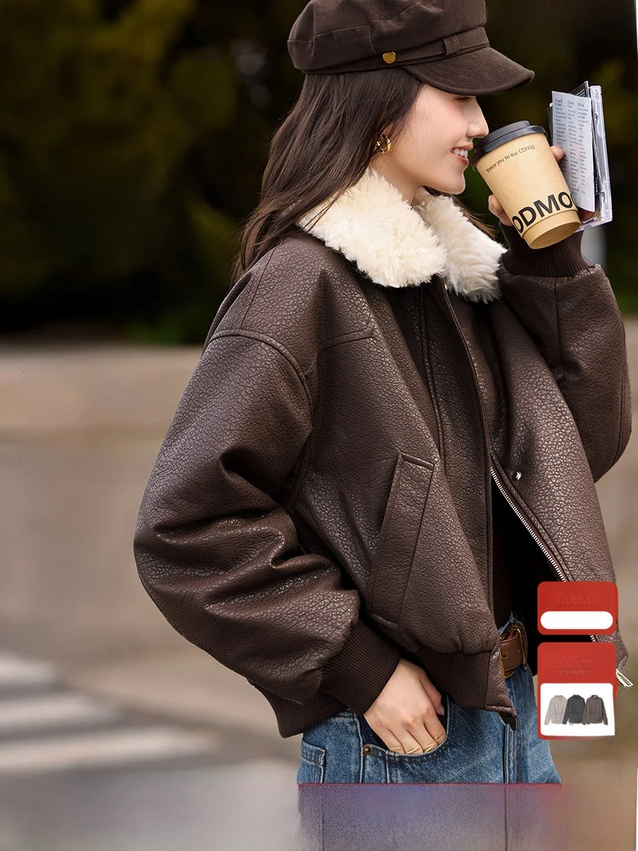 

XWI Vintage Litchi Pattern Leather Jaet Women's ort Box ape Fur Inteated Warmth Top Polyester Fiber Long Sve Zipper