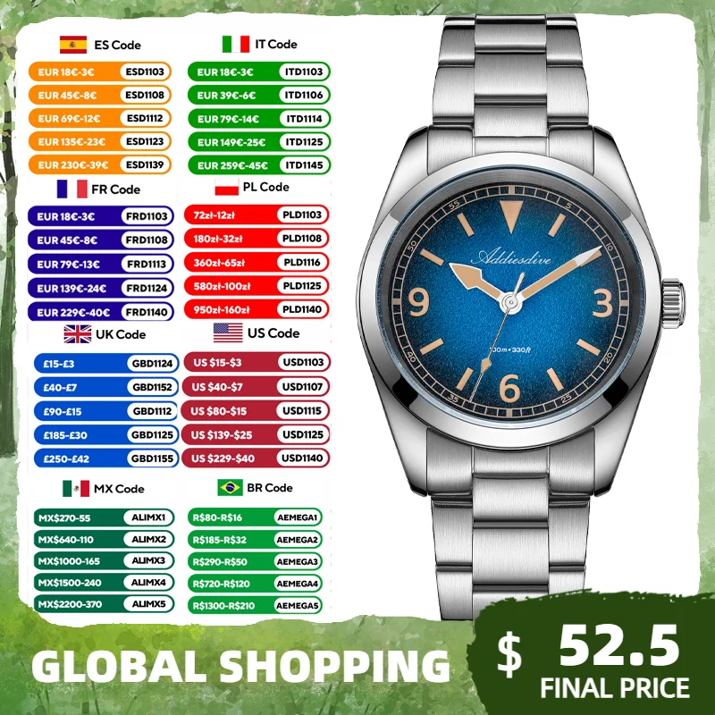 ADDIESDIVE 2026 New Men's Luxury Quartz Watch Sapphire Crystal Stainless Steel 100M Waterproof Explorer Adventure Wristwatch
