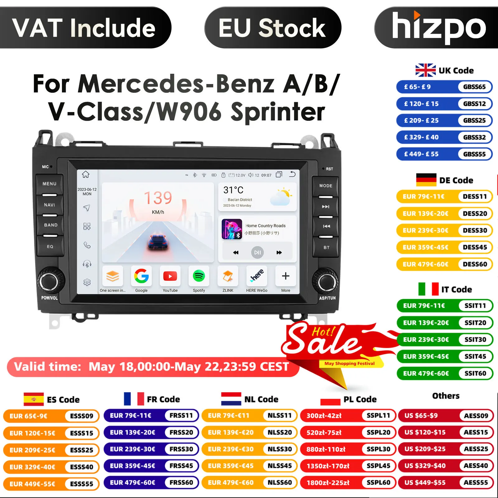 Autoradio Android Carplay, 4G, 8 ", 2DIN, GPS de limitation, Mercedes Benz Classe AB, B200, Wrational, W245, W906, Sprinter, W639, Vito, Viano, 7862