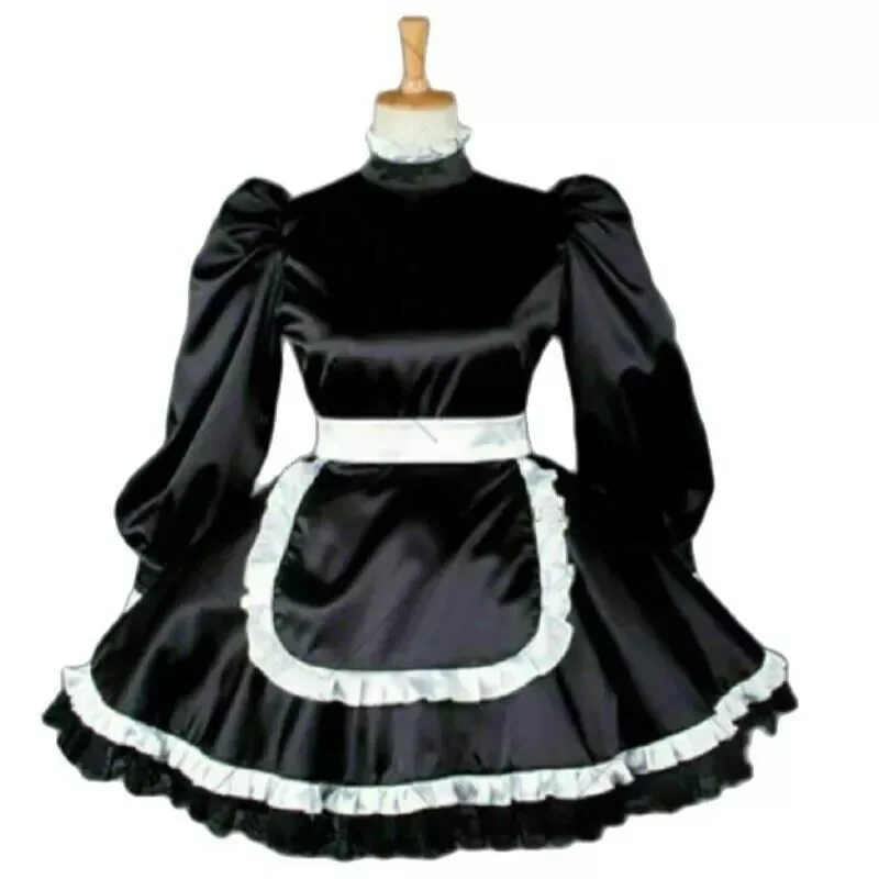 

Sissy French Maid Black Satin Long Sleeve Lockable Ruffle Dress Maid Cosplay Costume Customizable