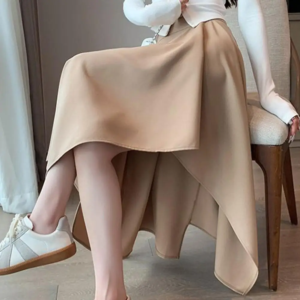 Women Midi Skirt High Waist Irregular Hem Solid Color A-Line Skirt Mid-length A-Line Large Hem Skirt Daily Wear