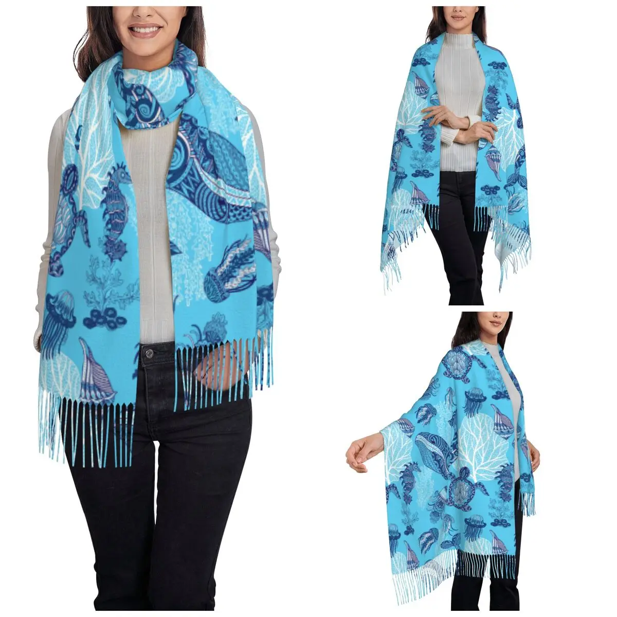 Sea Animal Mandala Style Shawl Wrap Women Winter Large Soft Scarf Mandalas Whale Jellyfishes Turtle Pashmina Shawl Scarves