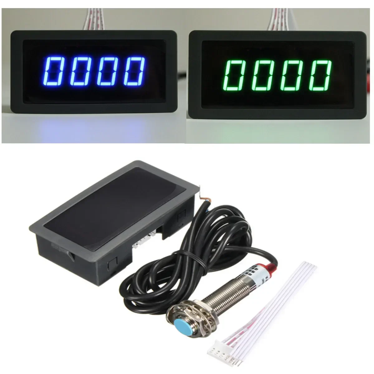 1/2pcs 4 Digital LED Blue Green Tachometer Gauge RPM Speed Meter+Hall Proximity Switch Sensor NPN 12V