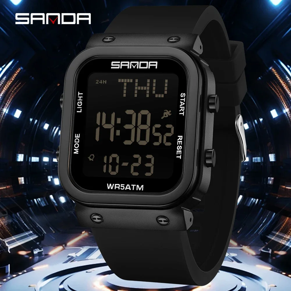 SANDA Luxury Classic Digital Sports Watch Men's Square Dial Military LED Display Multi Functional Timing Waterproof Watch