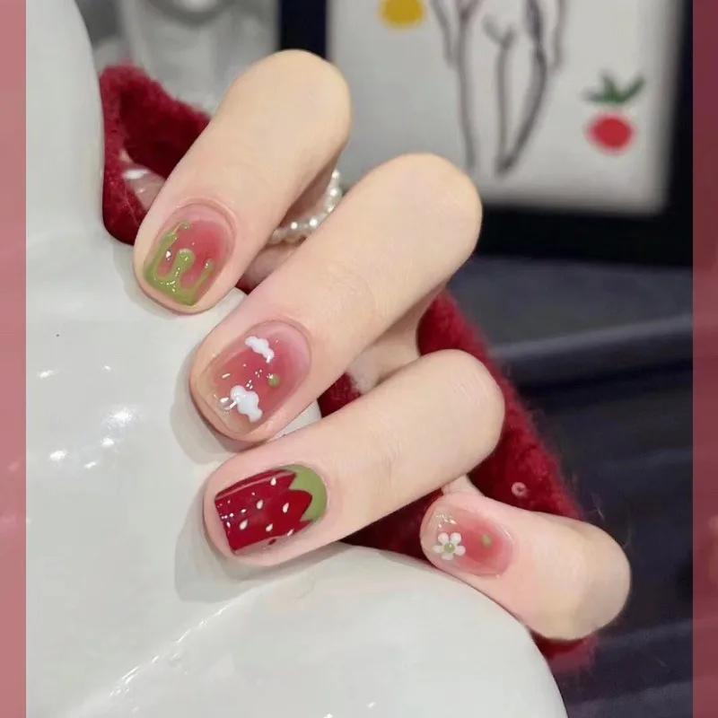 24 Pcs Blush Pink Green Acrylic Nails Press on Short Fake Nails with Glue Included Cute Strawberry Artificial Reusable Wear Nail