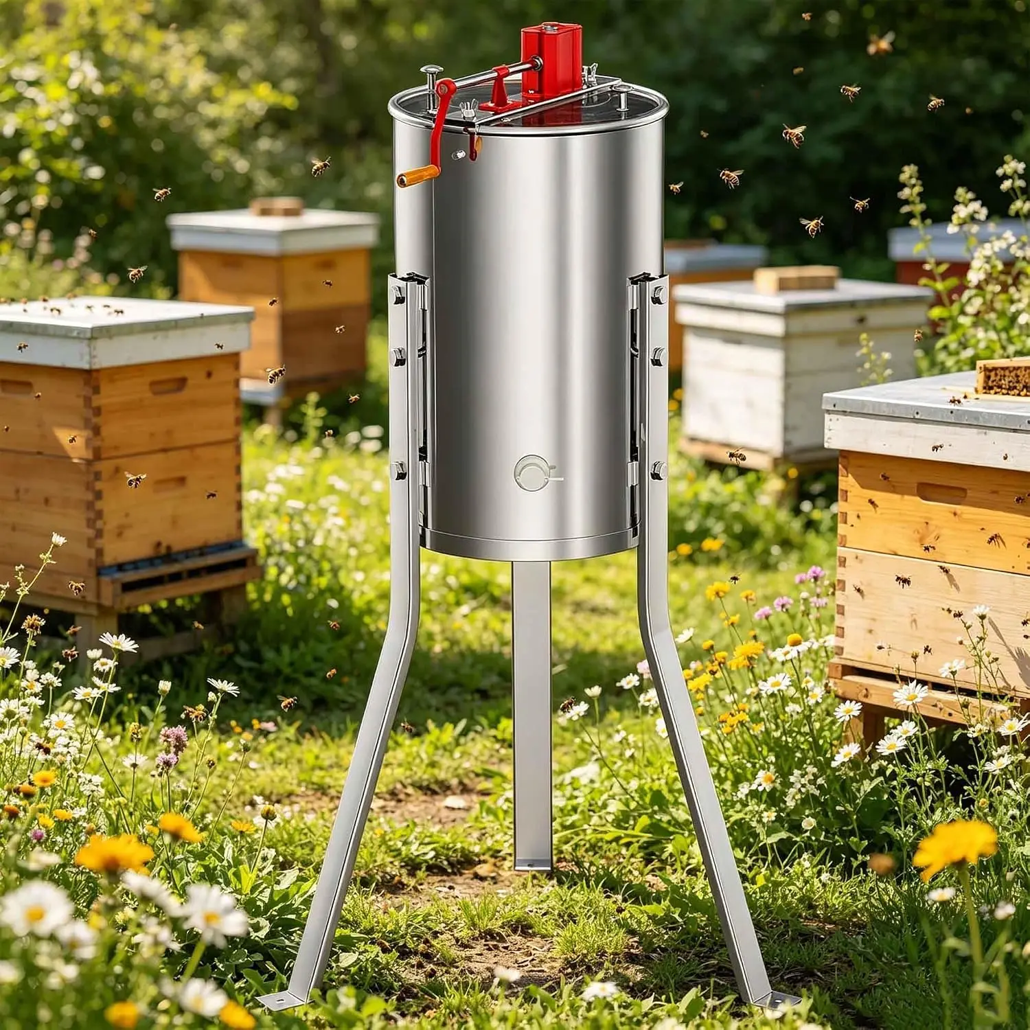 Tacleekii 2-4 Frame Manual Honey Extractor with Side Handles, Food-Grade Stainless Steel Beekeeping Extractor with Adjustable Stand and Transparent Lid