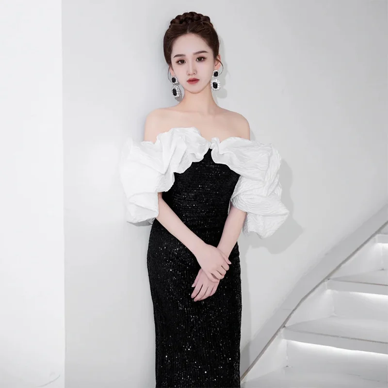 

Bla-oulder Evening Gown Fi-Tail Sle Performance Costume Art Exam High-End Luxury Ele Lady Sexy Mid-Waist Zipper