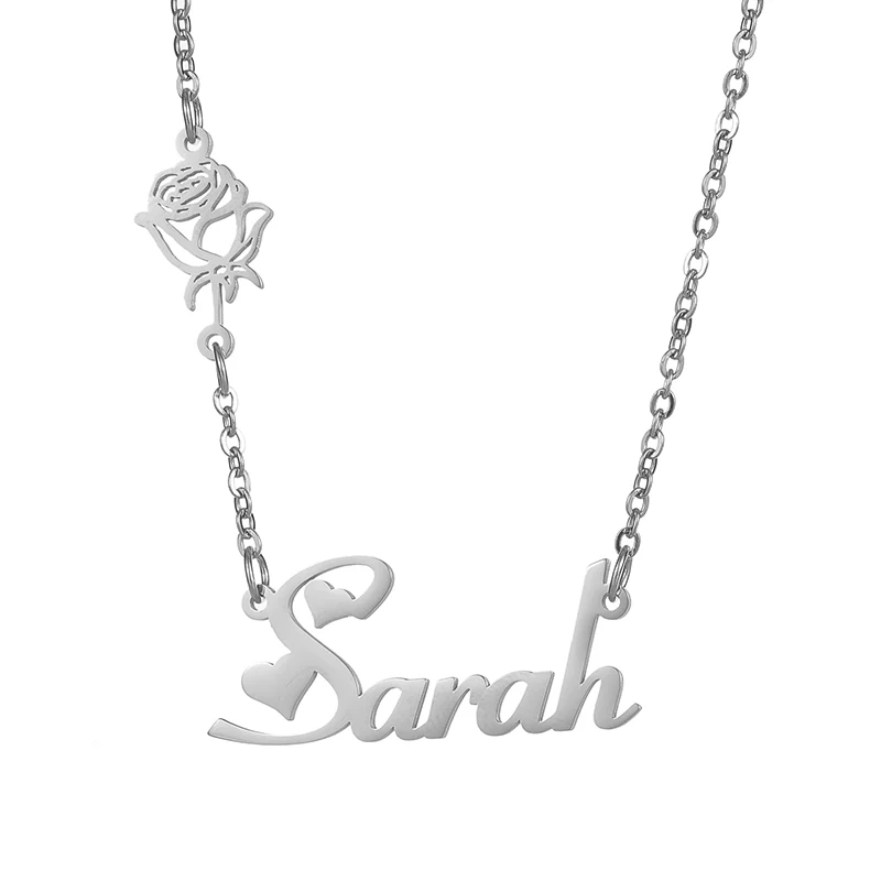 Personalized Birth Flower Chain Name Necklace Stainless Steel Customized Romantic Letter Names Choker Pendant Necklaces Women