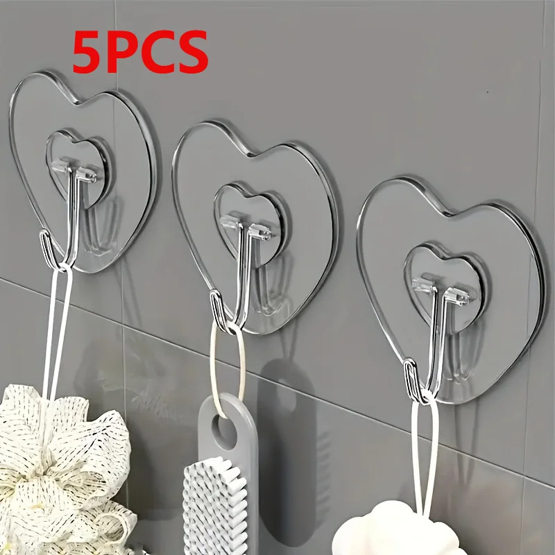 Heavy-Duty Sticky Hooks - Transparent Plastic Suction Cups, Thickened Heart-Shaped Wall Mount, for Kitchen And Bathroom Storage