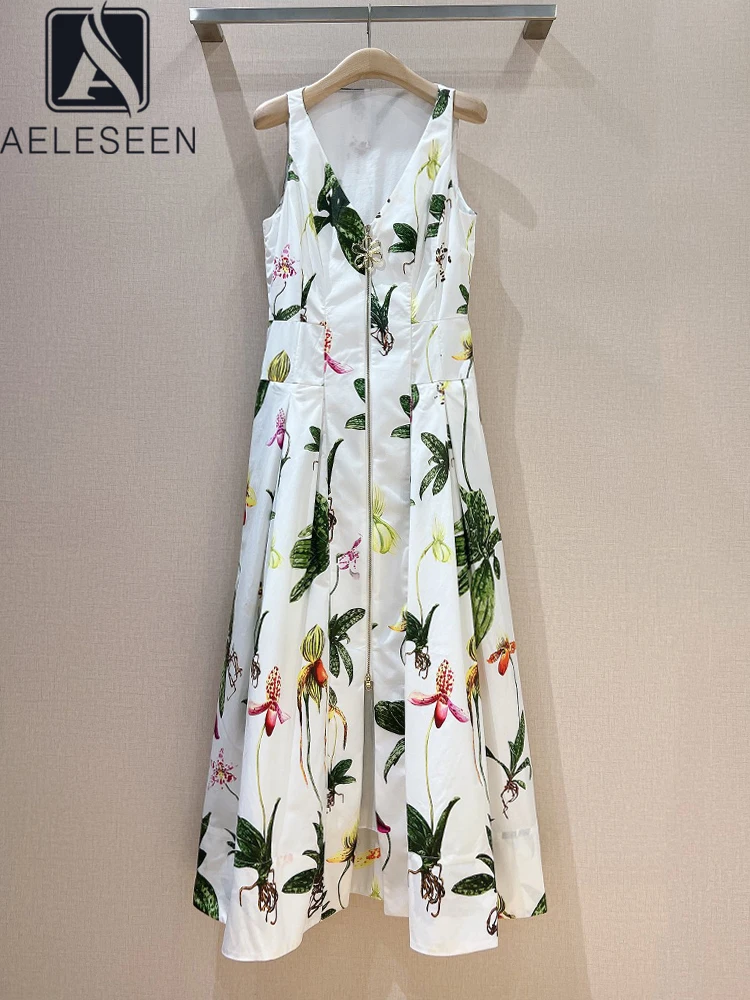 AELESEEN Runway Fashion Summer Dress Women V-Neck Sleeveless Zipper Flower Print Slim Long Elegant Party