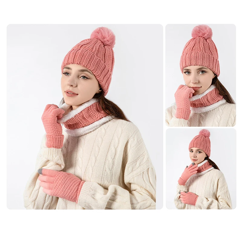 Hat Winter Knitted Hat Big Hair Ball Warm Pile Intensification Boys And Girls Winter Knitted Hat Scarf And Gloves 3pcs/Set