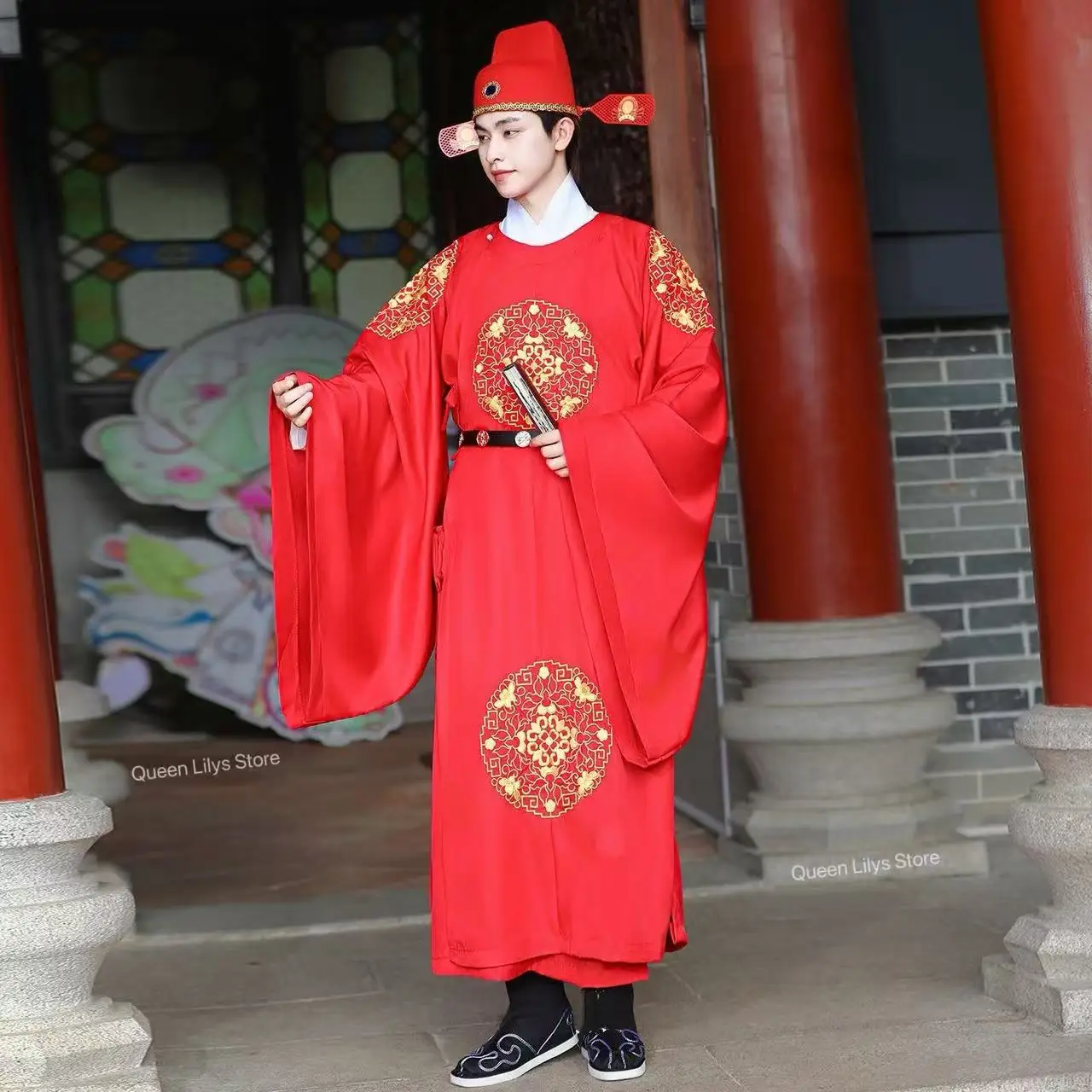 Men's Red Hanfu Traditional Chinese Embroiderd Clothing Ancient Scholar Uniforms Halloween Cosplay Costume Wedding Groom Suits - view 5