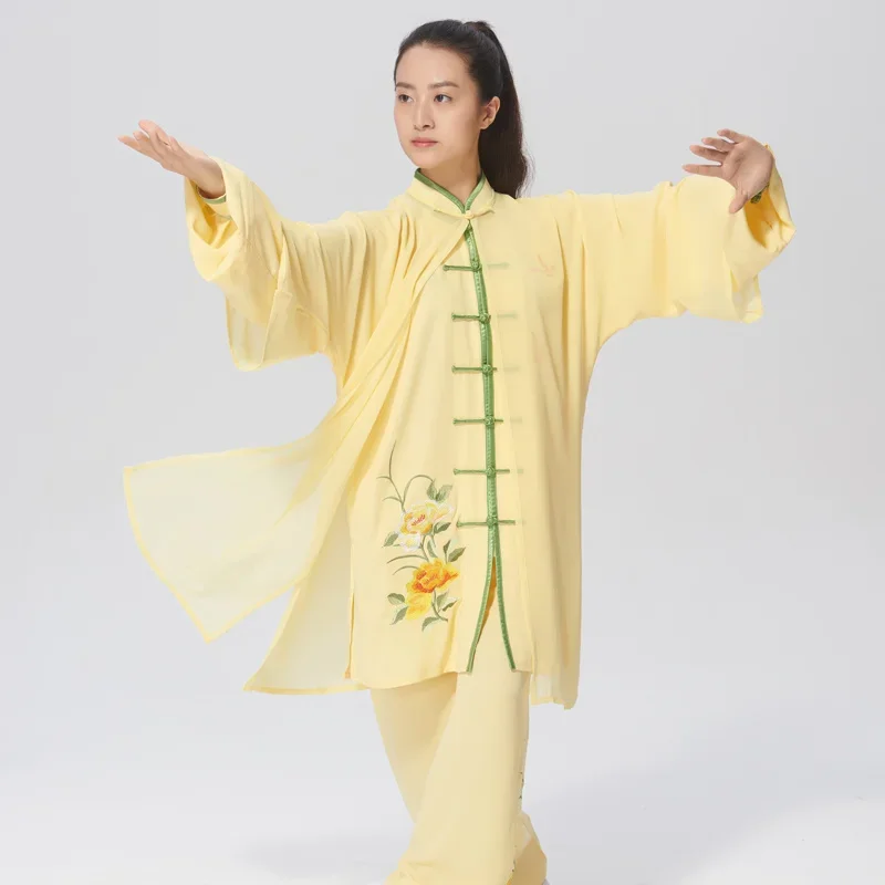 

Martial Art Uniform Tai Chi Clothes Wushu Clothing Kung Fu Dress Women Girl Kun Master Embroidery Peony Yellow 2023 New Style