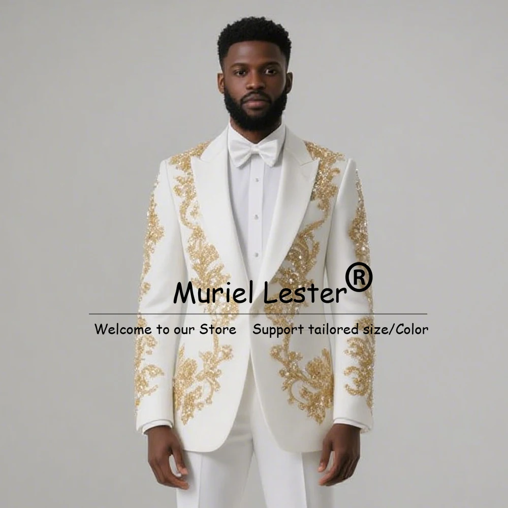 

Мужские костюмы с блестящими золотыми кристаллами и бисером для свадьбы, комплект из 2 предметов, пиджаки для выпускного вечера с зубчатыми лацканами, мужские смокинги для банкета и вечеринки по индивидуальному заказу