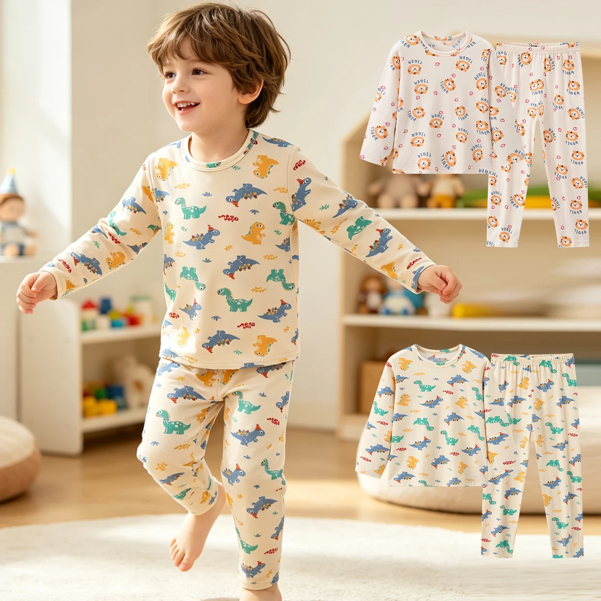 2-piece Autumn/Winter Children's Round Neck Comfortable Warm Underwear Set Cute Printed Long Sleeve Pajamas and Sleepy Pants Set