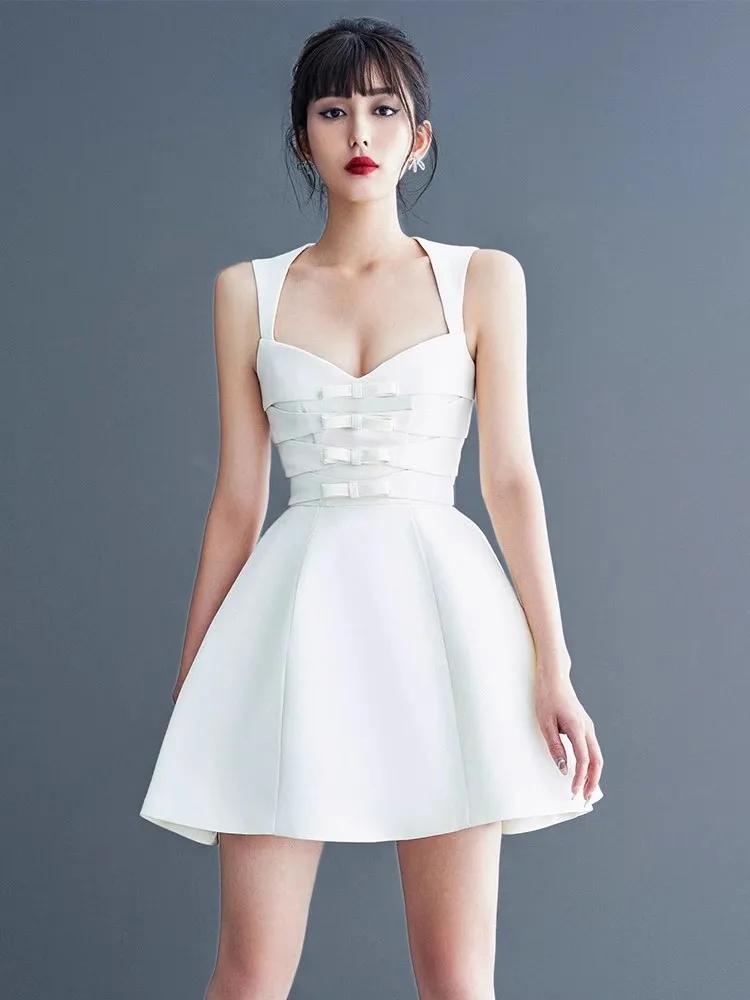 Lingzhi Wu-White V-Neck Formal Dress, Female Designer Dresses, Bow Square Collar, Short, Vintage