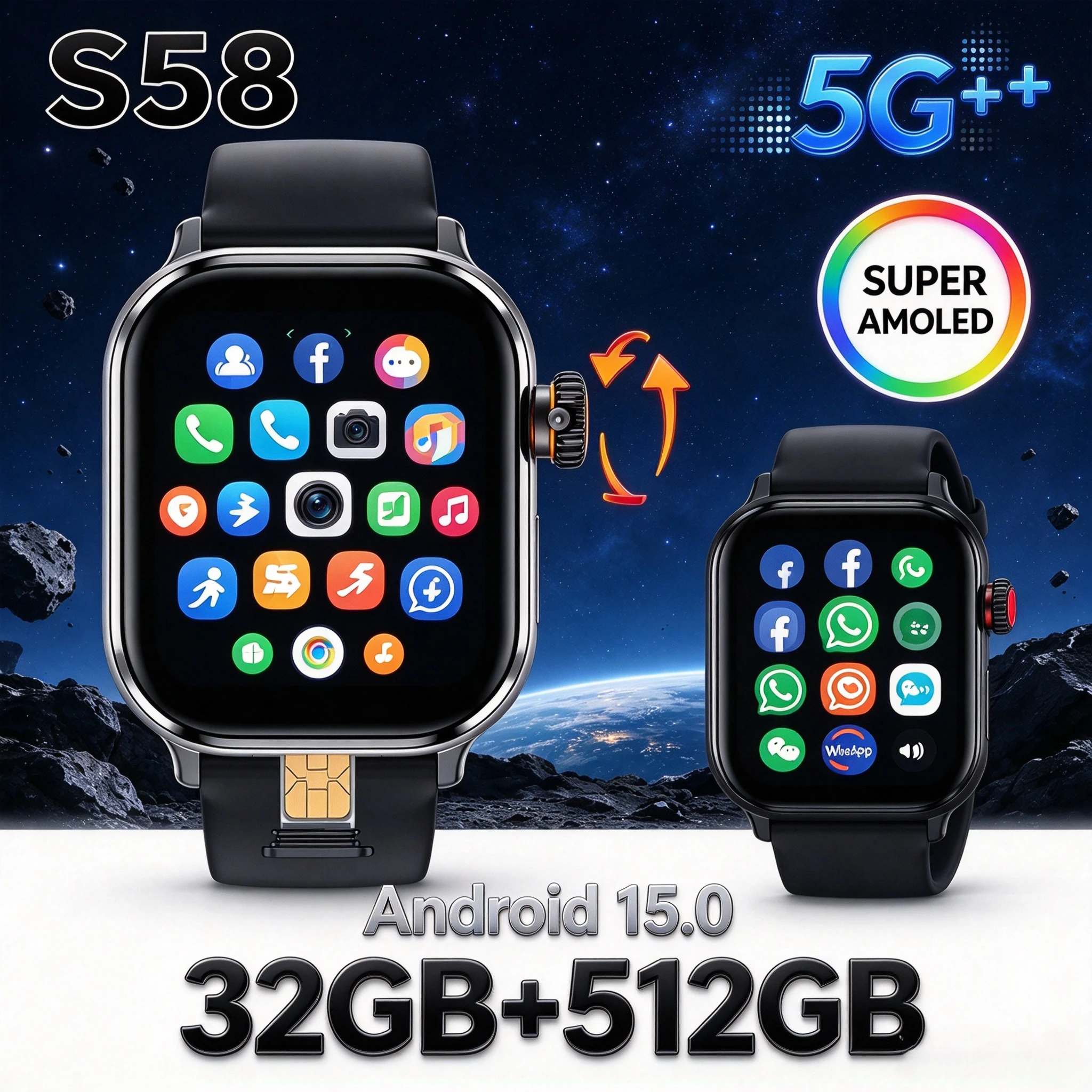5G Network Smartwatch S58 SIM Card Rotating Camera Android Bluetooth GPS Positioning Google Play Global Version Smartwatch