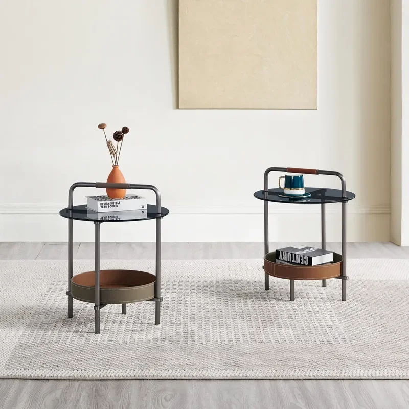 Small Round Leather Solid Wood Tray Coffee Table with Removable Corner Side Trolley