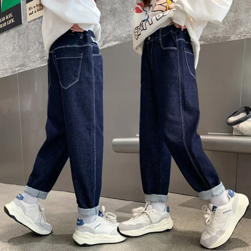 Girls' Jeans Winter Children's Clothing New 2024 Children's Medium and Older Children's Girls Straight Pants Casual Fleece Thick