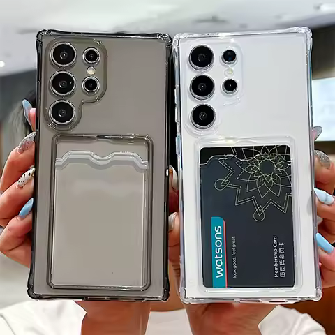 S 21 22 23 24 Card Slot Holder Bag Case For Samsung Galaxy S24 S23 S22 S21 Plus Ultra Fe A55 A35 Transparent Silicone Soft Cover