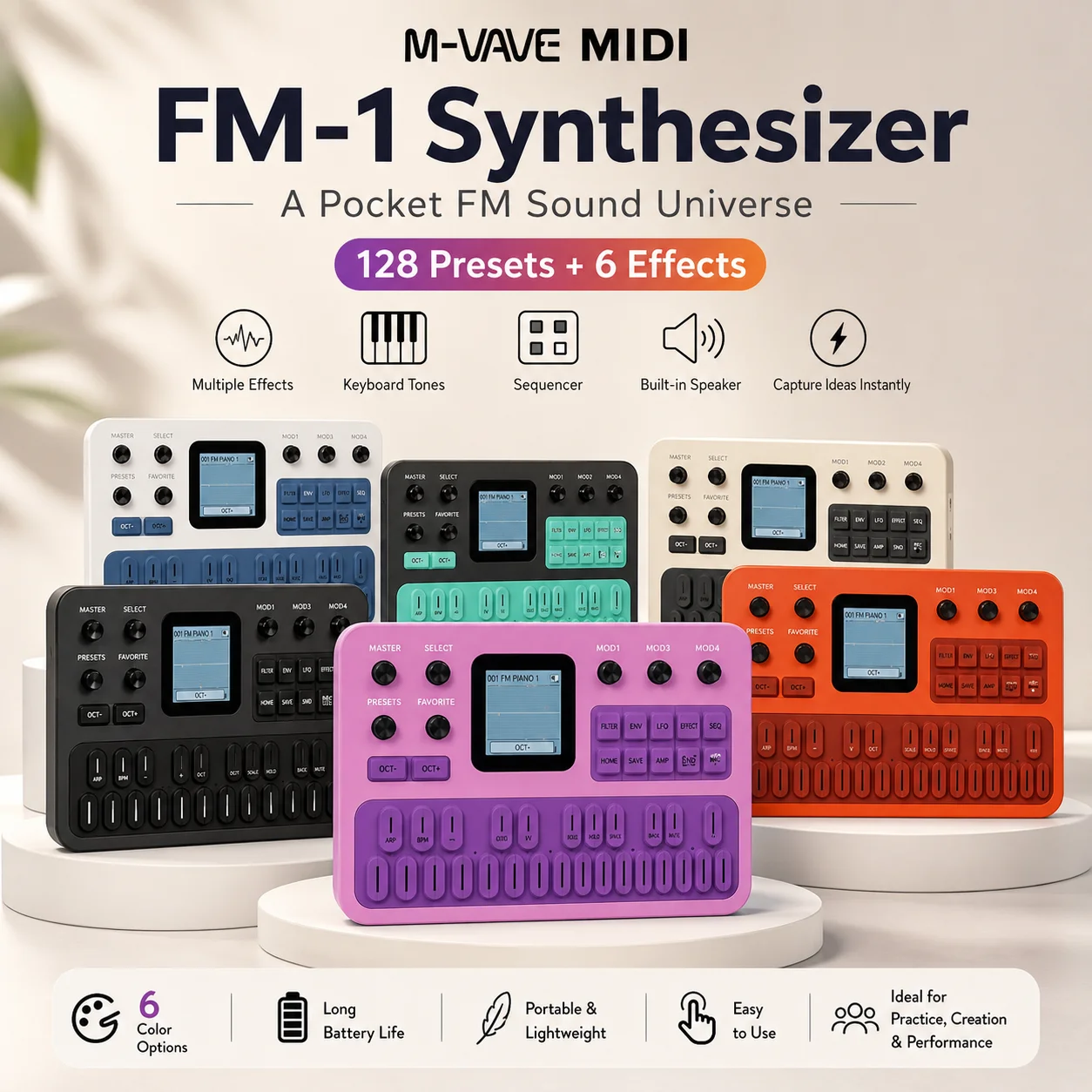 M-Vave Fm-1 Portable Fm Synthesizer Effect Pedal 12h Battery 6-Operator 32-Algorithm 128 Presets Bluetooth Midi Built-In Speaker