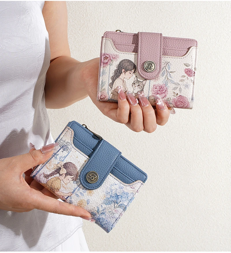 Blumendruck Damen-Kurzgeldbörse Große Kapazität Kartenhalter Fotoklammer Modische Niedliche Reißverschluss-Münzbörse für Mädchen – Detail 19