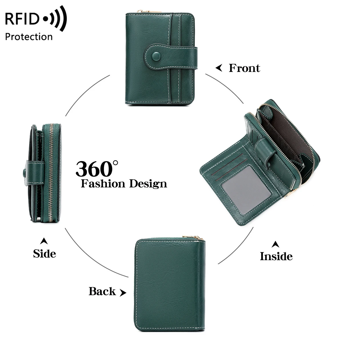 Women\'s RFID Blocking Wallet Multi-Card Holder Zipper Buckle Short Money Clip Retro Coin Wallet Functional Design