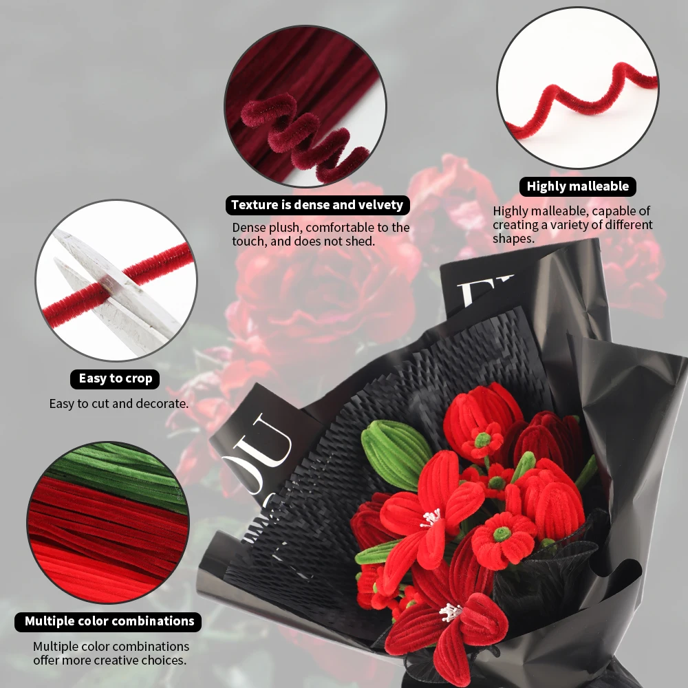 176pcs Red Tulip Lily Bouquet Set, Including Pipe Cleaners, Floral Stems, Tape, Glue Sticks, Cards, DIY Craft Supplies image 6