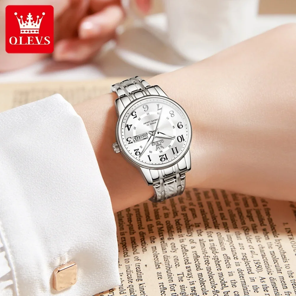 OLEVS 2891 Luxury Quartz Watch For Women Waterproof Luminous Watches Dual Calendar Clock Number Dial Original Women's Wristwatch