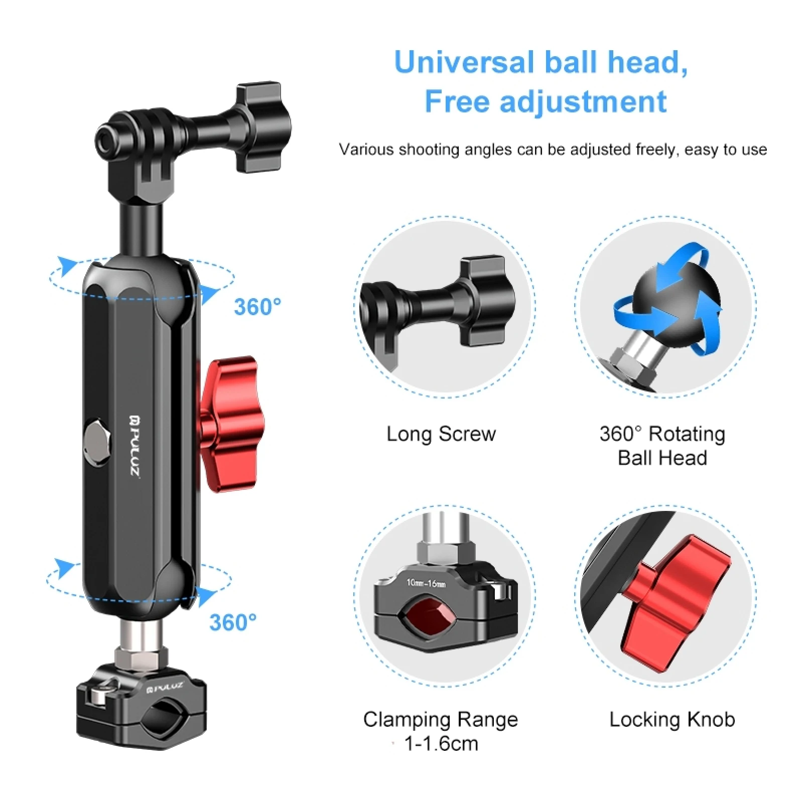 PULUZ Motorcycle Rearview Small/Medium/Large  Clamp Magic Arm Rod Mount  For Gopro DJI & other Sports Action Cameras