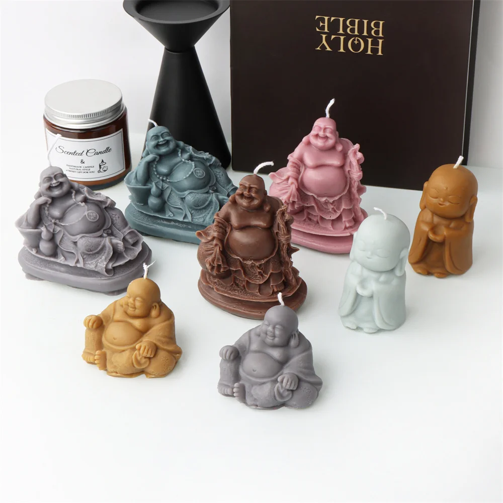 3D Buddhist Monk Silicone Mold DIY Handmade Laughing Buddha Plaster Clay Candle Making Mould Maitreya Buddha Statu Crafts Decor