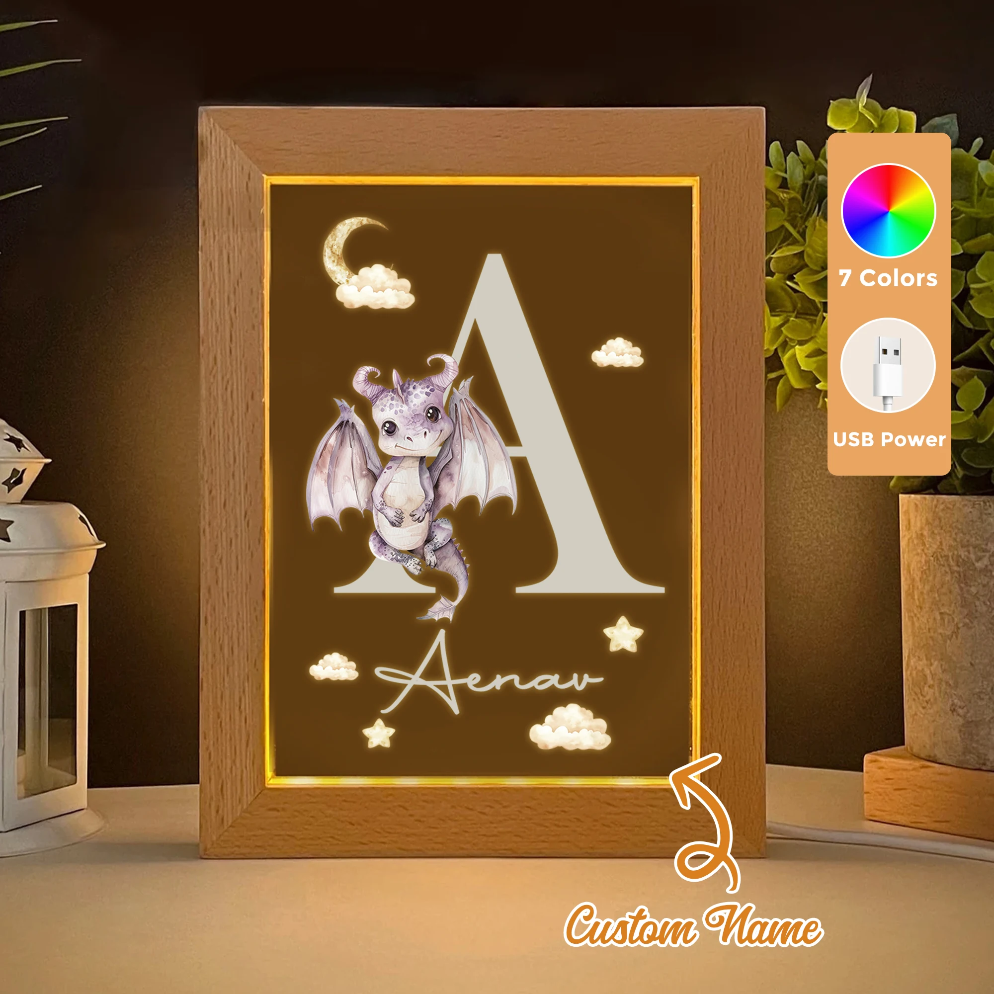 

2D Flat Custom Name Purple Dinosaur LED Acrylic Night Light Wood Photo Frame 21x17cm Cartoon Children Bedroom Gifts Home Decor