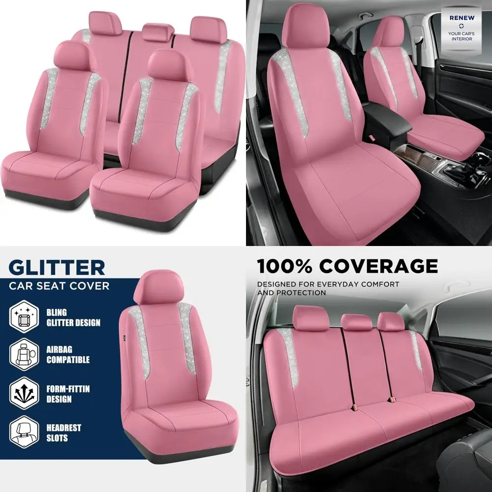 

Чехол на автомобильное сиденье PIC AUTO, блестящий кристалл с блестками и розовой кожей, полный комплект водонепроницаемых автомобильных чехлов на сиденья для девочек и