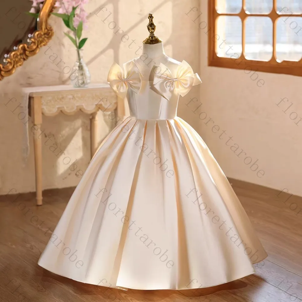 Customized Ivory Flower Girl Dress A Line Long Round Neck Cap Sleeve Satin Bow Pleated Wedding Kids Party Princess Gown Elegant