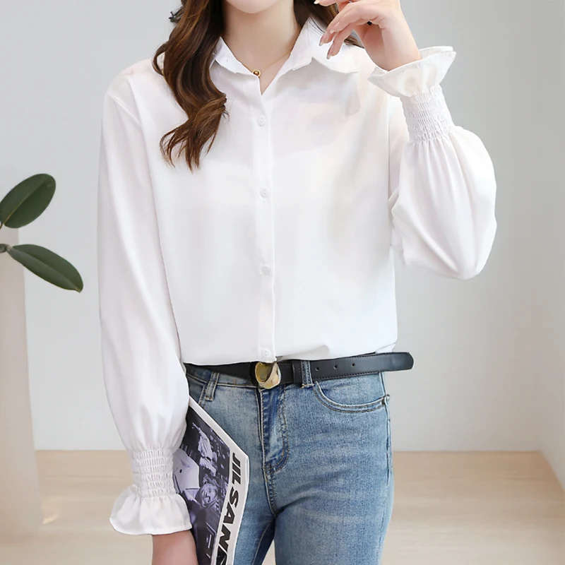 

Smocked Sleeve Button Up Shirt White Ruffled Long-sleeved Collared Single Breasted Women's Shirts Blouses Elegant Fashion