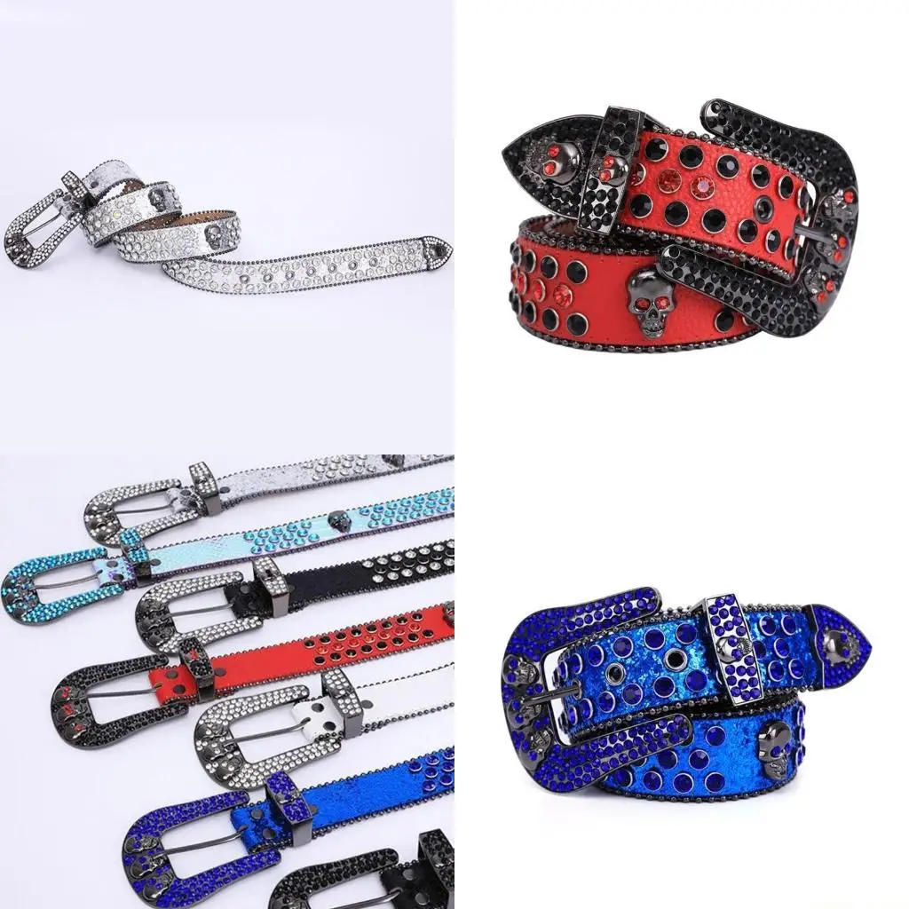 

31BF Ремень со стразами и пряжкой в ​​виде черепа, роскошный ремень для взрослых женщин и мужчин