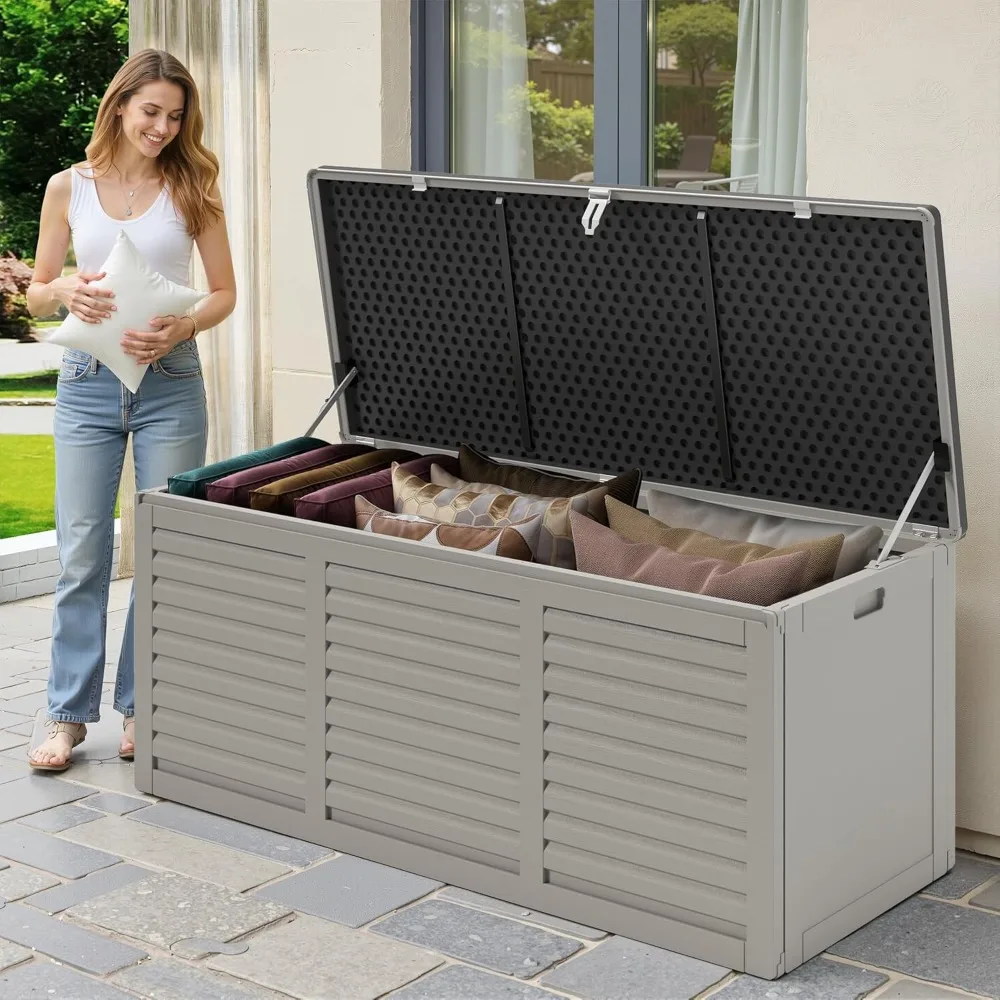 

130 gallon outdoor storage box, lockable resin deck box with reinforced lid, outdoor tool deck box, waterproof & uv-resistant fo
