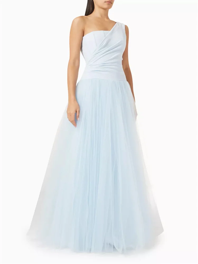 

Customized Exquisite Pleated Tulle A-line Splicing Dress One-shoulder Neckline Pleated Top Tulle Hem Formal Event Evening Dress