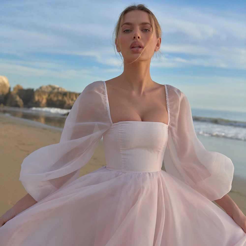 Vestido de boda de Organza de corte A con cuello cuadrado, botones hechos A medida, talla grande, longitud Irregular, para playa y novia