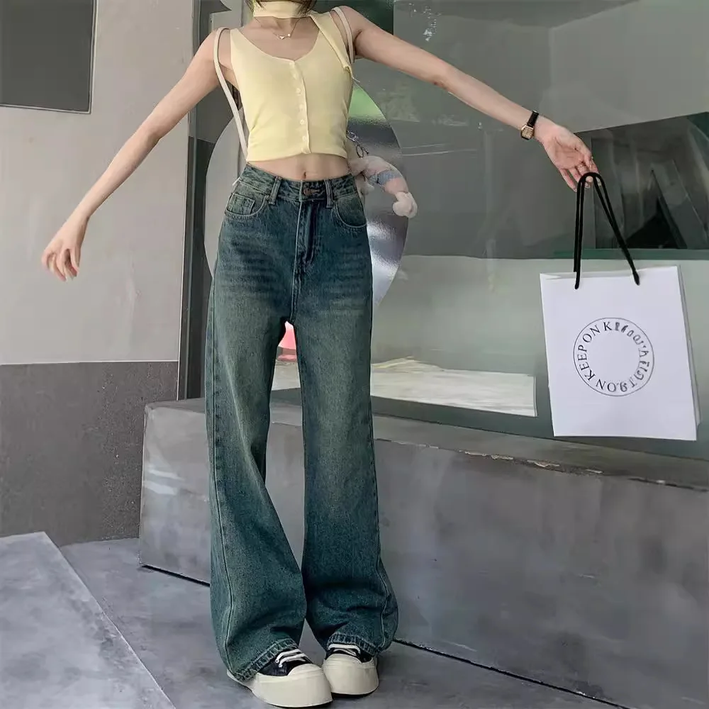 Deep Blue Straight Leg Jeans Pants Loose Fitting Denim Trousers Women Spring Summer