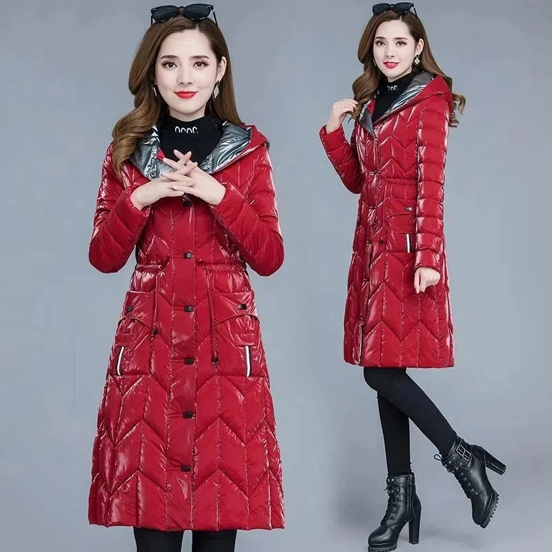 Shiny Down Cotton Jacket Womens 2024 Winter New Korean Slim Versatile Padded Coat Female Large Size Hooded Long Parkas L-5XL