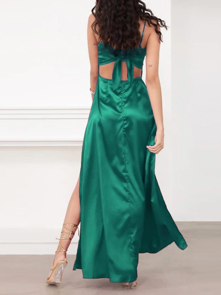 Sexy Backless Light Satin Long Dress Padded BOW Straps Lace Up Dress 2 Slits Cocktail Party Gown Summer Red Navy Blue Green 2024