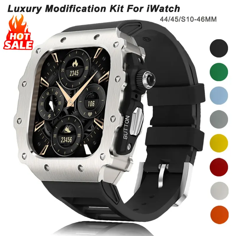 

Комплект модификационного чехла для Apple Watch 10 46 мм, силиконовый спортивный ремешок из нержавеющей стали, часы для IWatch Series 9 8 7 6 5 44 мм 45 мм