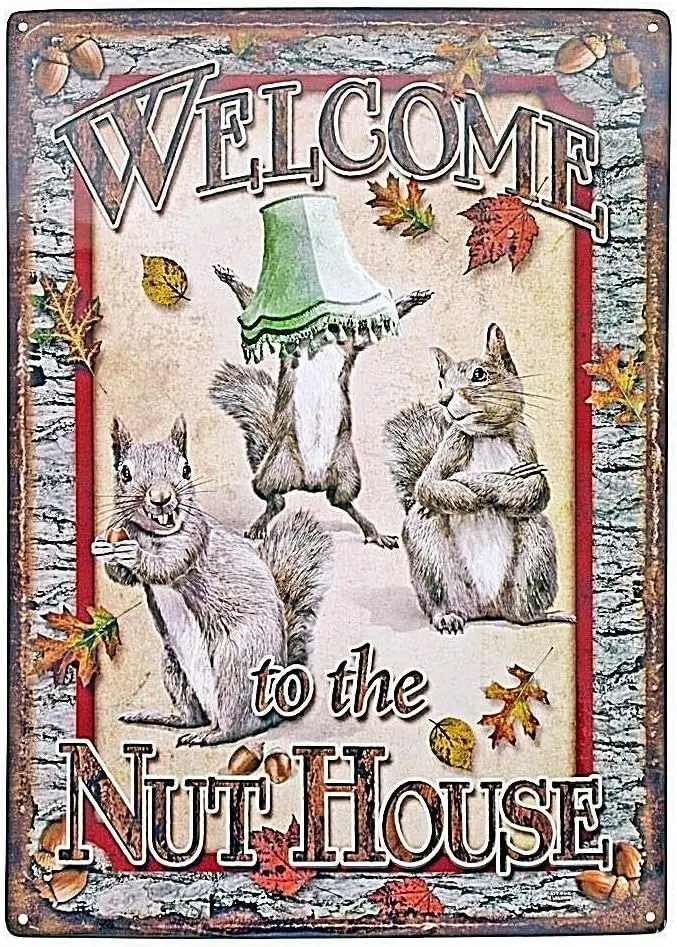 Metal Wall Decor Welcome to The Nut House Squirrel Leaves Fall Funny Inspirational Quote Wall Art Signfor Home Dorm Gym Wall Dec