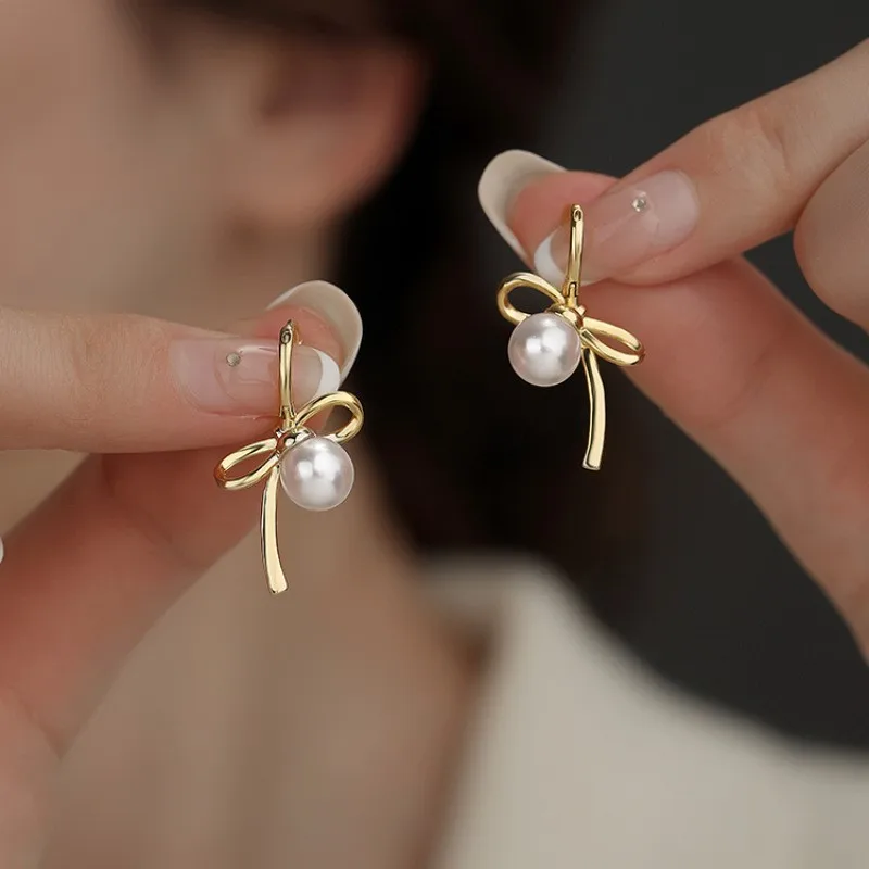 Fashion Pearl Bowknot Hoop Earrings for Women Girls Punk Wedding Party Jewelry Gift e618