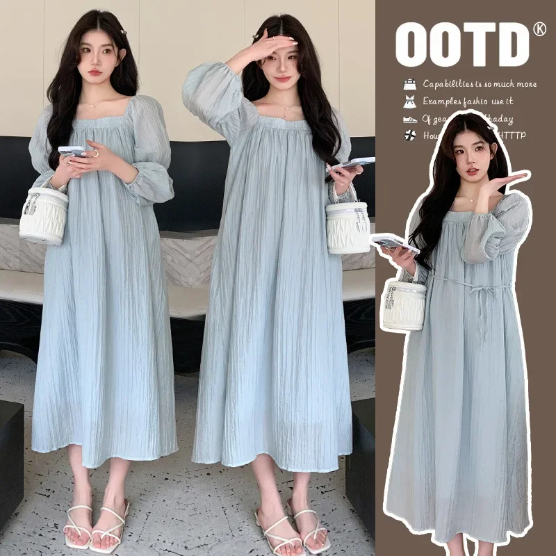 2024 Spring Korean Style Slimming Loose-Fit Elegant Long Sleeve Pregnancy Dress Square Collar Fashionable Maternity Gown