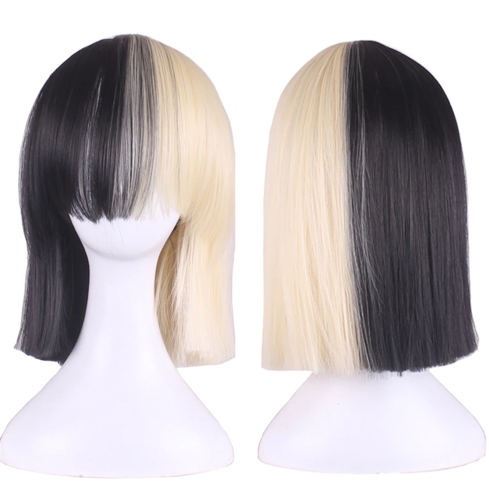 

WoodFestival Synthetic Wig With Bangs Cosplay Wigs For Women Short Hair Bob Straight Blonde Pink Blue Purple White Black Red