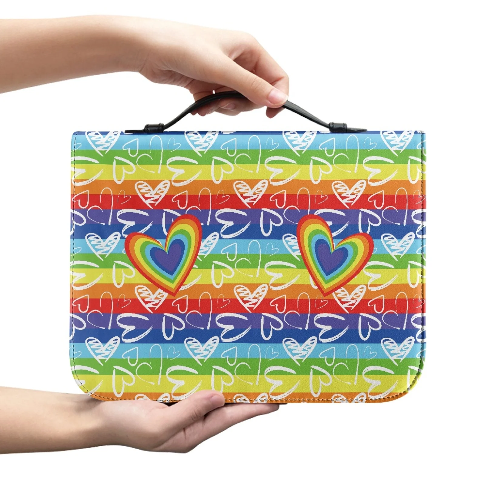 XIXIRIMIDO Rainbow Heart Print Bible Bag PU Leather Portable Bible Book Covers for Christian Prayer Study New Trend